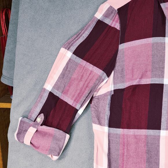 Tommy Hilfiger Button Up Shirt sz M Women Buffalo Plaid Red Purple Pink Roll Tab - Picture 9 of 12